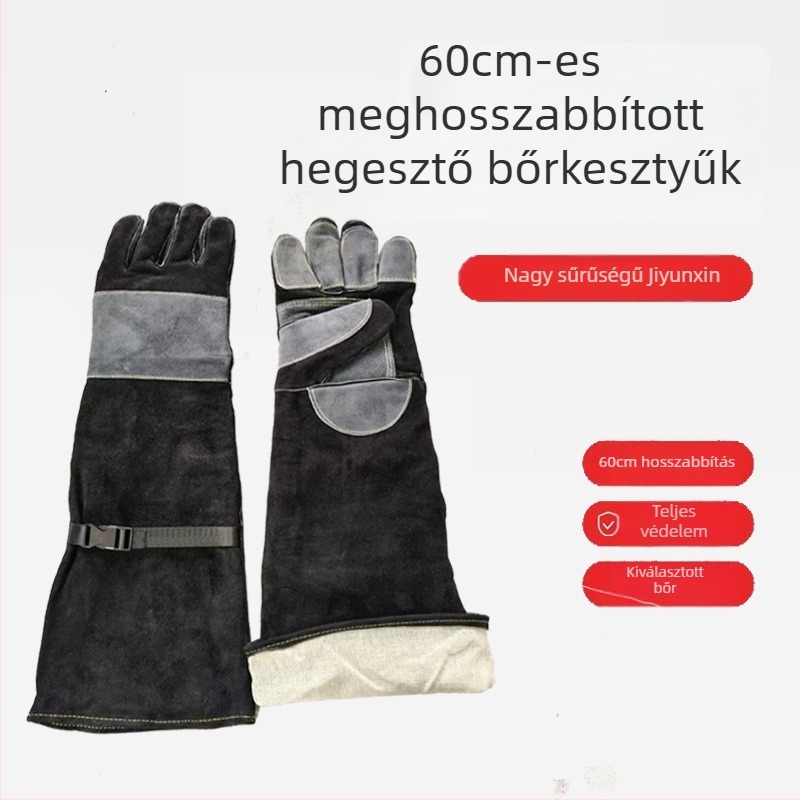 60 cm hosszú, vastagított tehénbőr hegesztőkesztyűk, hőálló és magas hőmérséklet-állóságú, védő és kopásálló munka kesztyűk hegesztők számára