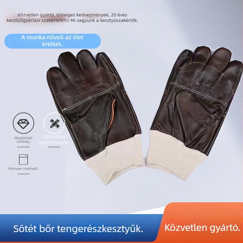 Sötét színű hegesztő kesztyűk borjúbőrből, felsőréteggel és tenyérrel, zárt, rövid