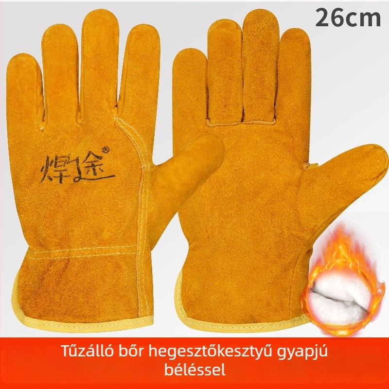 Hegesztő kesztyű pamut bélésű, vastag, kopásálló, hőszigetelő, magas hőmérsékletnek ellenálló, égés elleni védelem, két rétegű tehénbőr