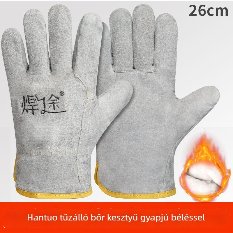 Hegesztő kesztyű pamut bélésű, vastag, kopásálló, hőszigetelő, magas hőmérsékletnek ellenálló, égés elleni védelem, két rétegű tehénbőr