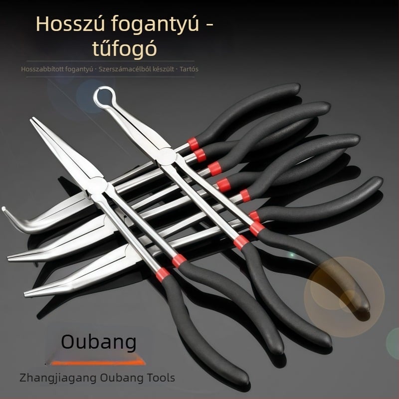 Hosszított tűszájú fogó piros-fekete nyele, 11 és 16 hüvelyk