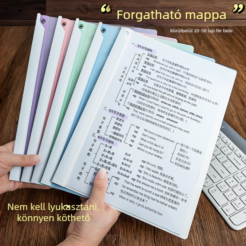 A4-es papírhoz forgó karos mappa, műanyag dokumentumklip és iratrendező