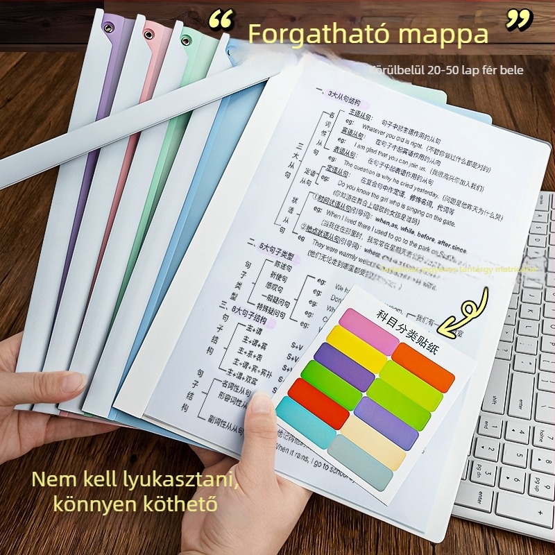 A4-es papírhoz forgó karos mappa, műanyag dokumentumklip és iratrendező