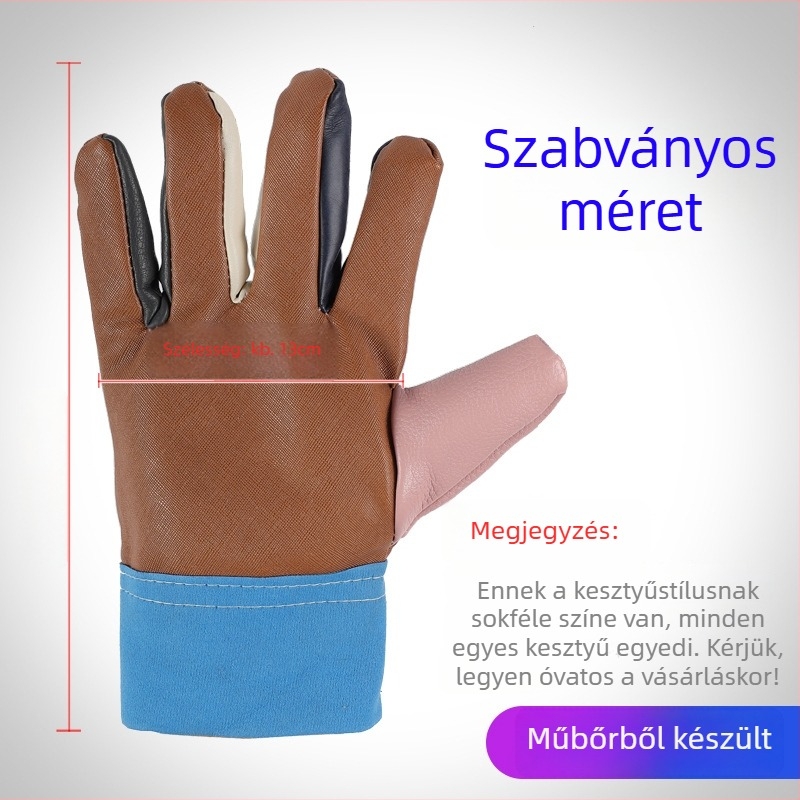 Vastagított rövid műbőr hegesztő kesztyűk — kopás- és olajálló, munkavédelmi célokra; alkalmas gépek kezelésére és ívhegesztésre.