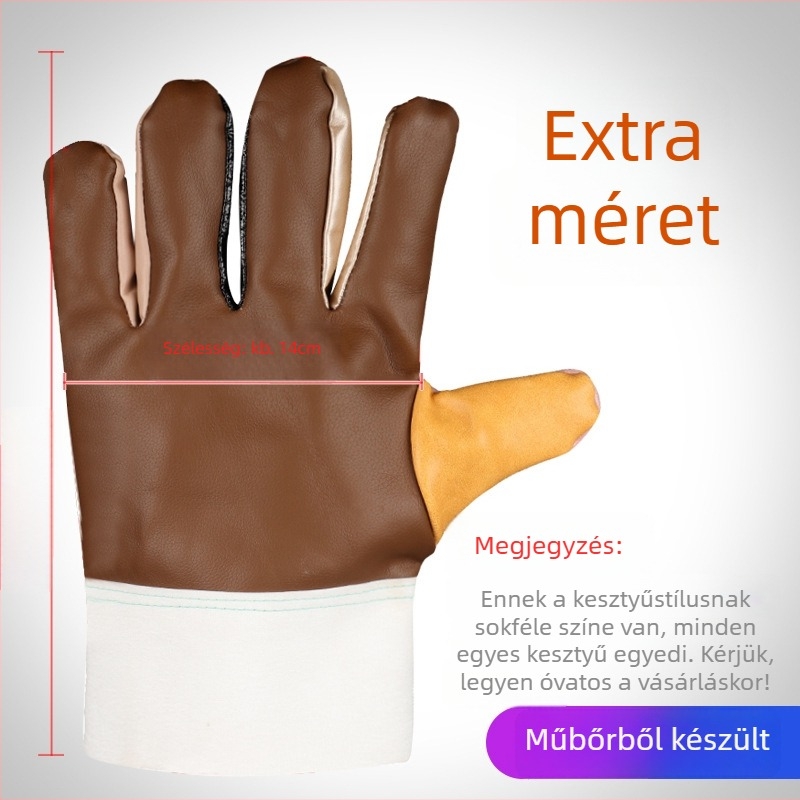Vastagított rövid műbőr hegesztő kesztyűk — kopás- és olajálló, munkavédelmi célokra; alkalmas gépek kezelésére és ívhegesztésre.