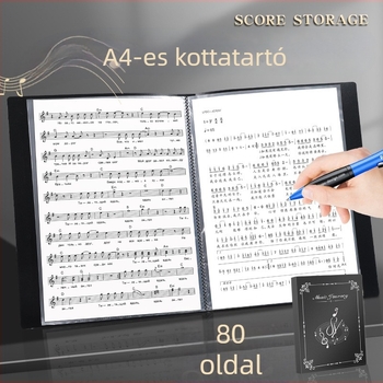 Átlátszó betéttel ellátott kottatartó dob- és zongora kottaival, szerkeszthető rendező