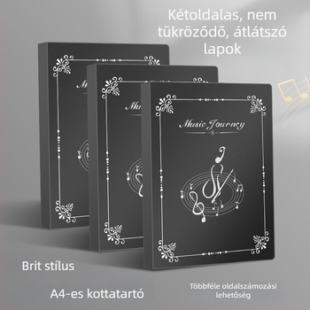 Átlátszó betéttel ellátott kottatartó dob- és zongora kottaival, szerkeszthető rendező