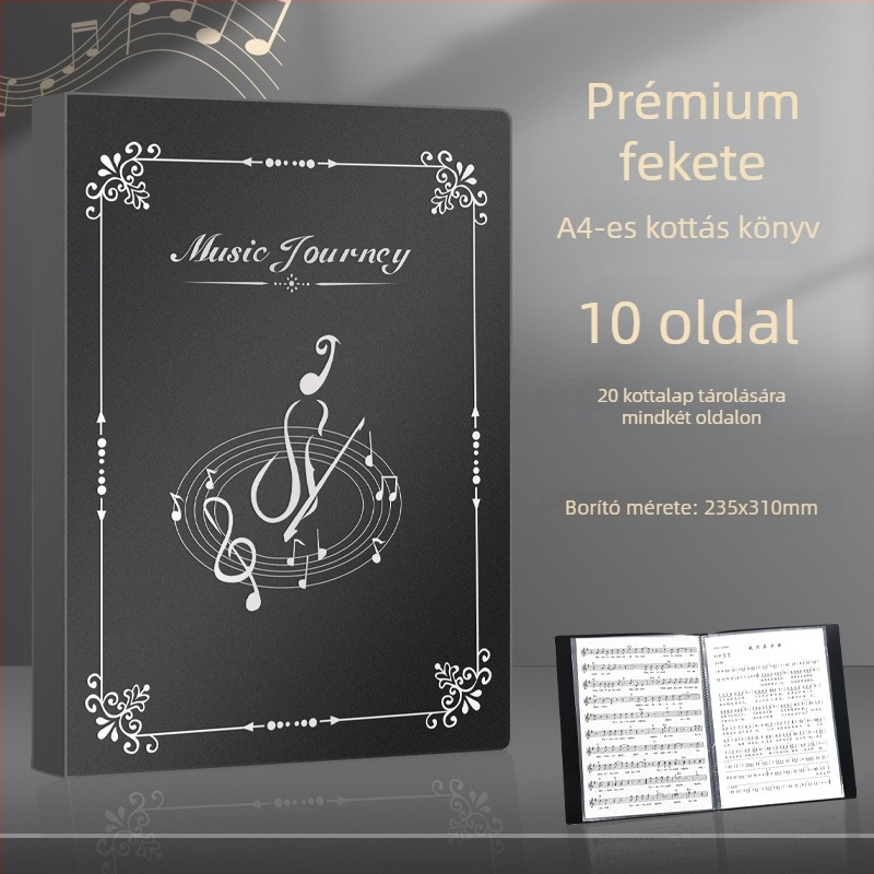Átlátszó betéttel ellátott kottatartó dob- és zongora kottaival, szerkeszthető rendező