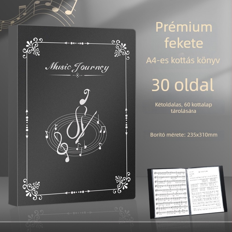 Átlátszó betéttel ellátott kottatartó dob- és zongora kottaival, szerkeszthető rendező
