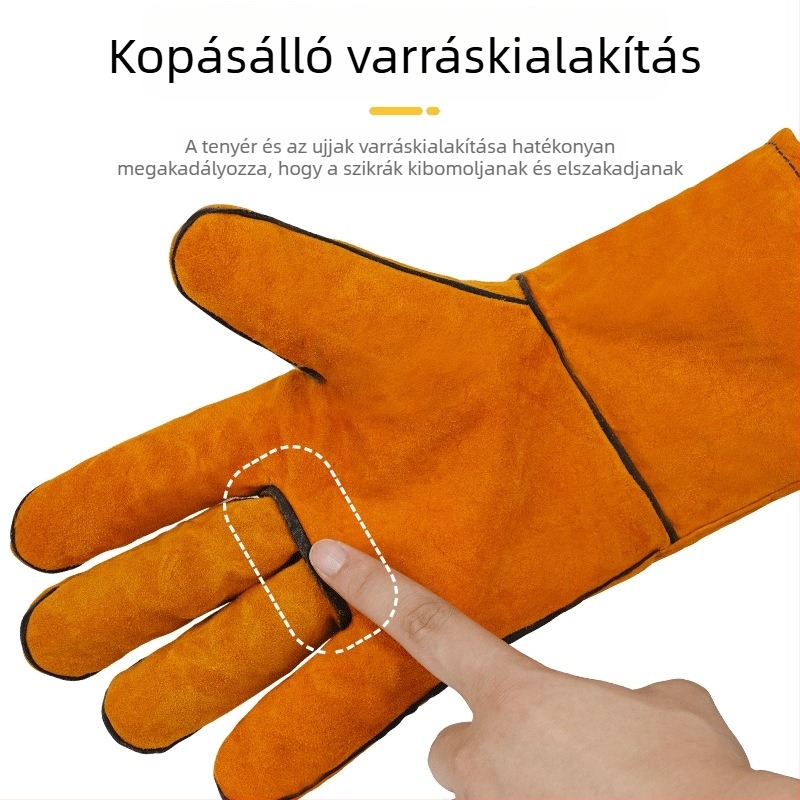 Pamut béléssel készült hegesztőkesztyű, vastagított, kopásálló, hőszigetelt, magas hőmérsékletnek ellenálló, égésvédő kesztyű két rétegű marhabőrből készült