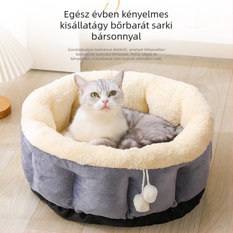 Meleg téli plüss macska- és kis- és közepes méretű kutya ágy zárt fészekkel, mosható