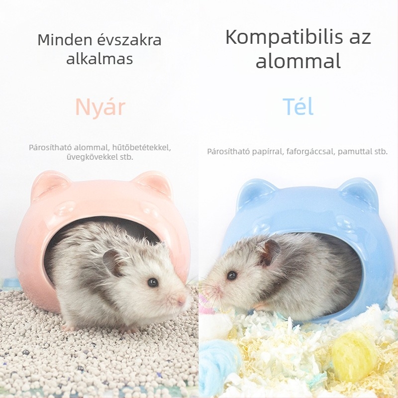 Kerámiás hörcsögház nyárra – hűtés és hőelvezetés, beltéri hörcsögbútor rajzfilm-stílusban