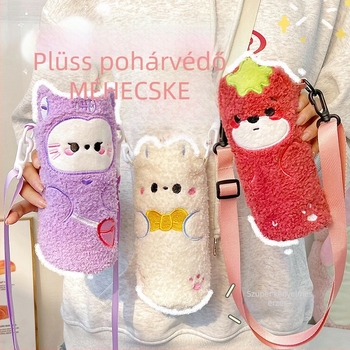 Rajzolt hímzésű plüss termosz pohárvédő hüvely, keresztpánttal