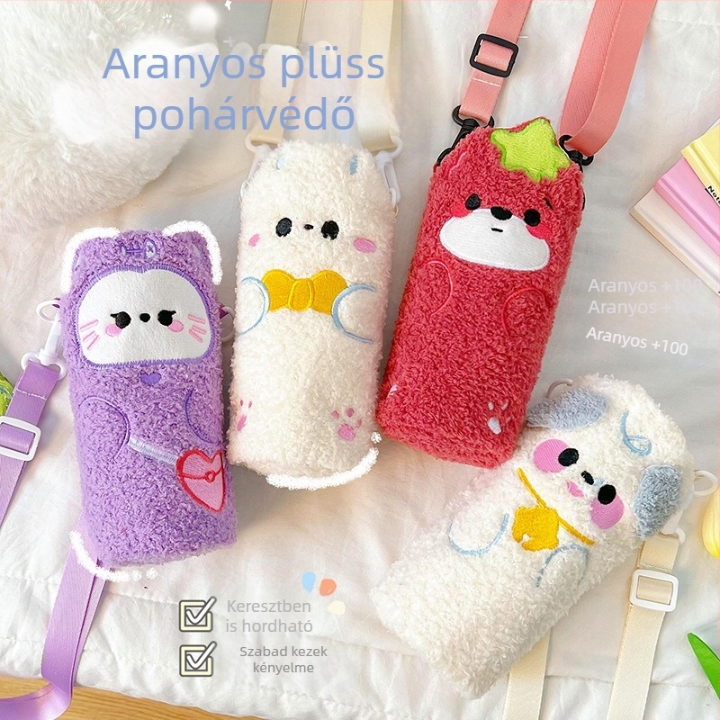 Rajzolt hímzésű plüss termosz pohárvédő hüvely, keresztpánttal