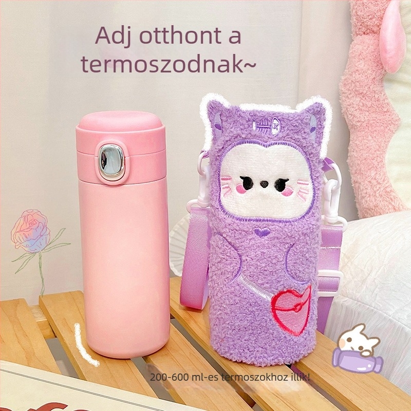 Rajzolt hímzésű plüss termosz pohárvédő hüvely, keresztpánttal