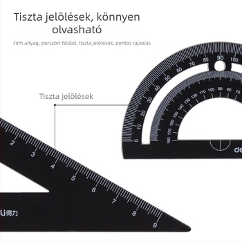 Deli 79522 fém vonalzókészlet rajzhoz: egyenes vonalzó, háromszögvonalzó, szögmérő – négy darabos készlet