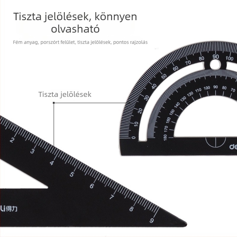 Deli 79522 fém vonalzókészlet rajzhoz: egyenes vonalzó, háromszögvonalzó, szögmérő – négy darabos készlet