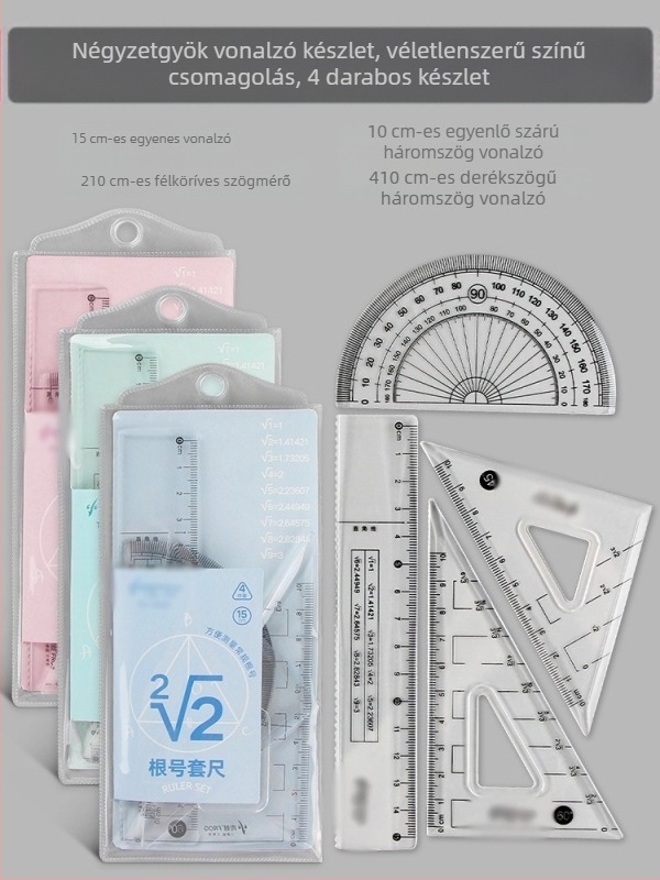 Matematikai vonalzó készlet gyökjelzésekkel, egyenes vonalzó és derékszögű háromszög a vizsgákhoz