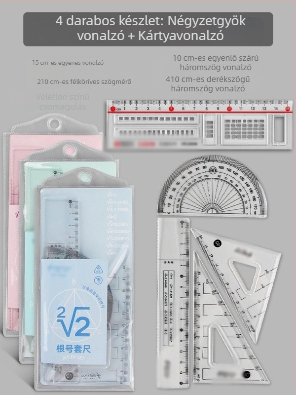 Matematikai vonalzó készlet gyökjelzésekkel, egyenes vonalzó és derékszögű háromszög a vizsgákhoz