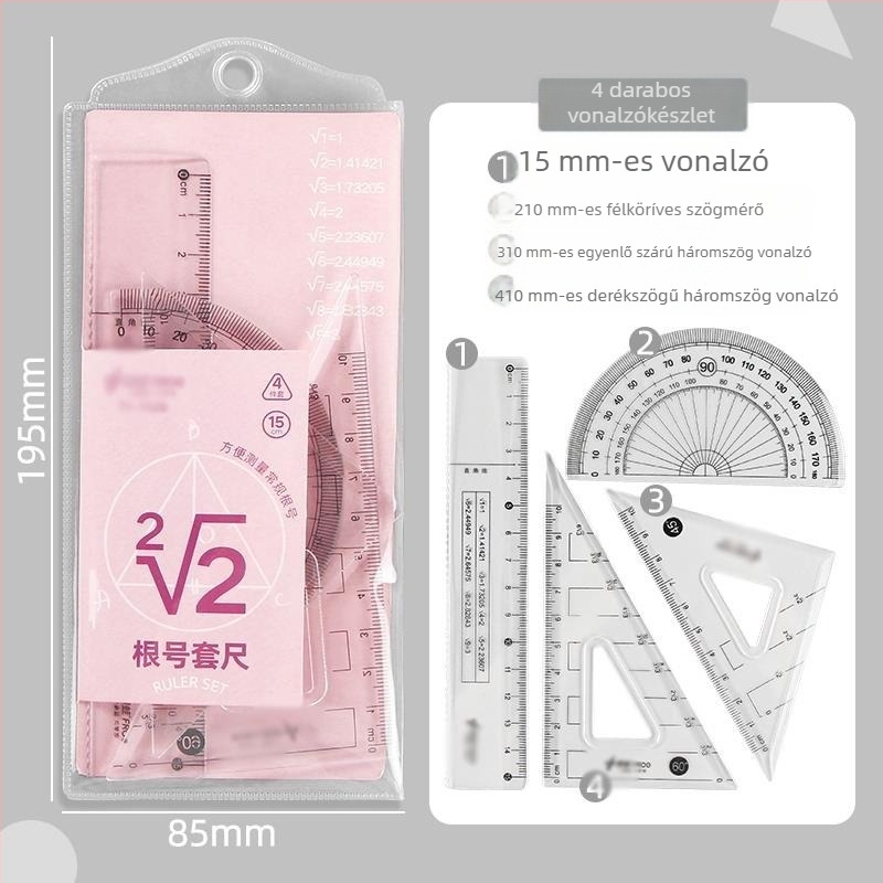 Matematikai vonalzó készlet gyökjelzésekkel, egyenes vonalzó és derékszögű háromszög a vizsgákhoz