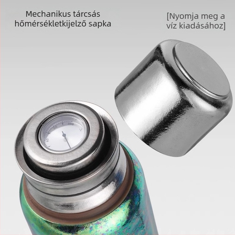 Tiszta titánium termoszfedél mehanikus hőmérséklet kijelzővel, mágneses víz pohárfedél és belső teafilterfedél