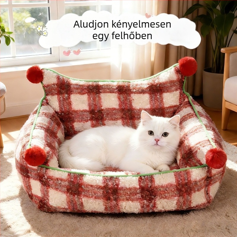 Mindegy évszakban használható kör alakú macska- és kistestű kutyaágy, meleg és vastag, karácsonyi és téli dizájn, levehető és mosható