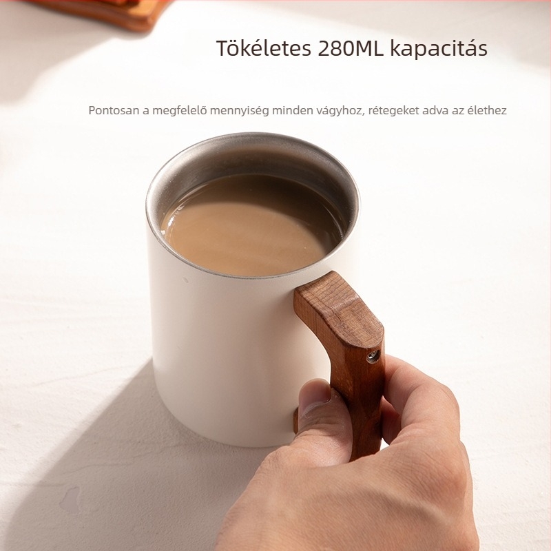 316 rozsdamentes acél bögre fa fogantyúval, nordikus stílus, dupla falú, kávé vagy tea számára, lézerlogóval