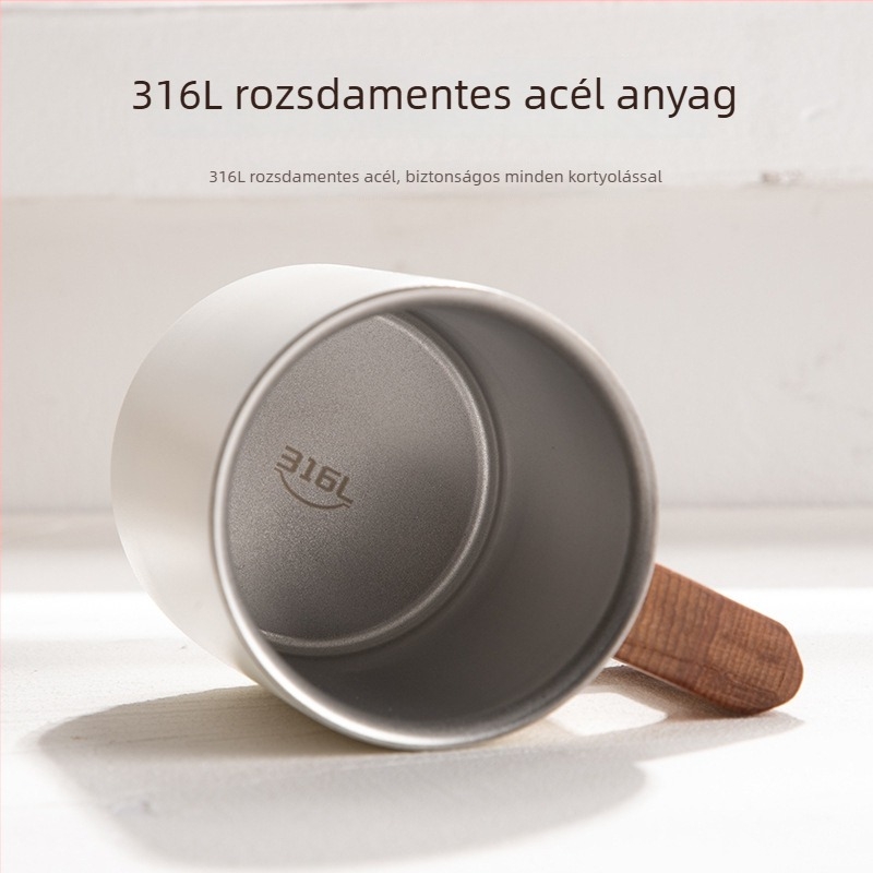316 rozsdamentes acél bögre fa fogantyúval, nordikus stílus, dupla falú, kávé vagy tea számára, lézerlogóval