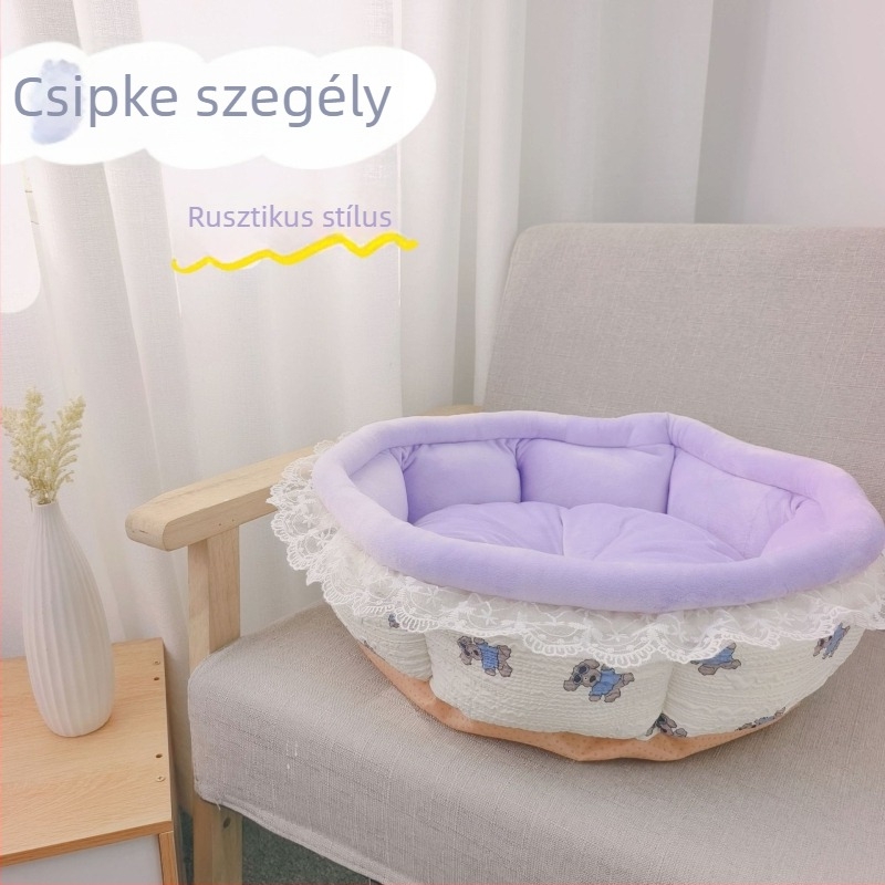 Pastorális stílusú őszi-téli otthoni háziállat-odú csipkével, macskafészek, kisállat-ágy és kisméretű kutya kanapé-odú