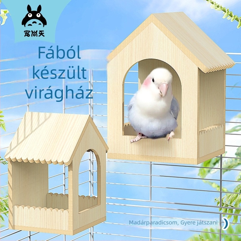 Fából készült madárfészek papagájok és kis madarak számára, tigriscsíkos peónia mintával, gyöngyház alvófészek, madárkalitka kiegészítők