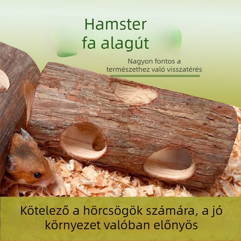 Hamster alagút természetes fából, fatörzs alakú csővel — alagút és mozgásfejlesztő játék