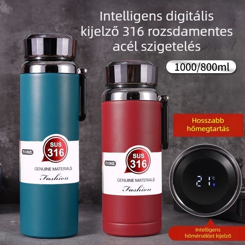 316-os rozsdamentes acélból készült intelligens hőmérséklet-kijelzővel, nagy kapacitású, hordozható tea és víz számára, utazáshoz