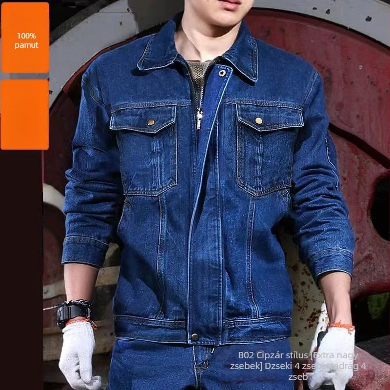 Férfi denim munkaruha szett ősz-télre, vastított lángálló és kopásálló hegesztő ruházat