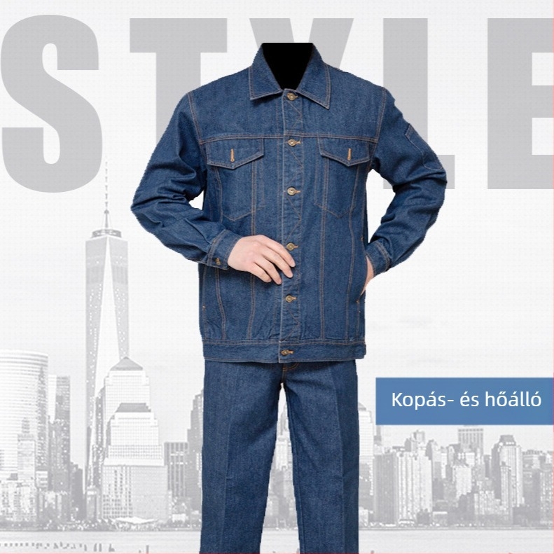 Tavaszi–őszi vastag denim munkaruházat hegesztéshez, fényvisszaverő csíkokkal, tartós és foltálló.