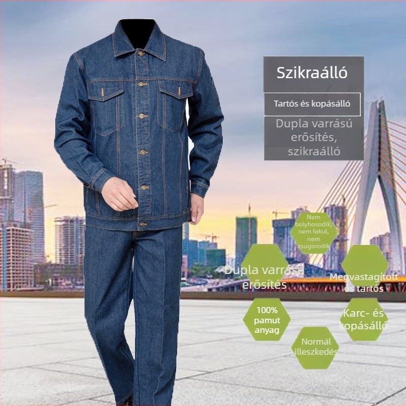 Tavaszi–őszi vastag denim munkaruházat hegesztéshez, fényvisszaverő csíkokkal, tartós és foltálló.
