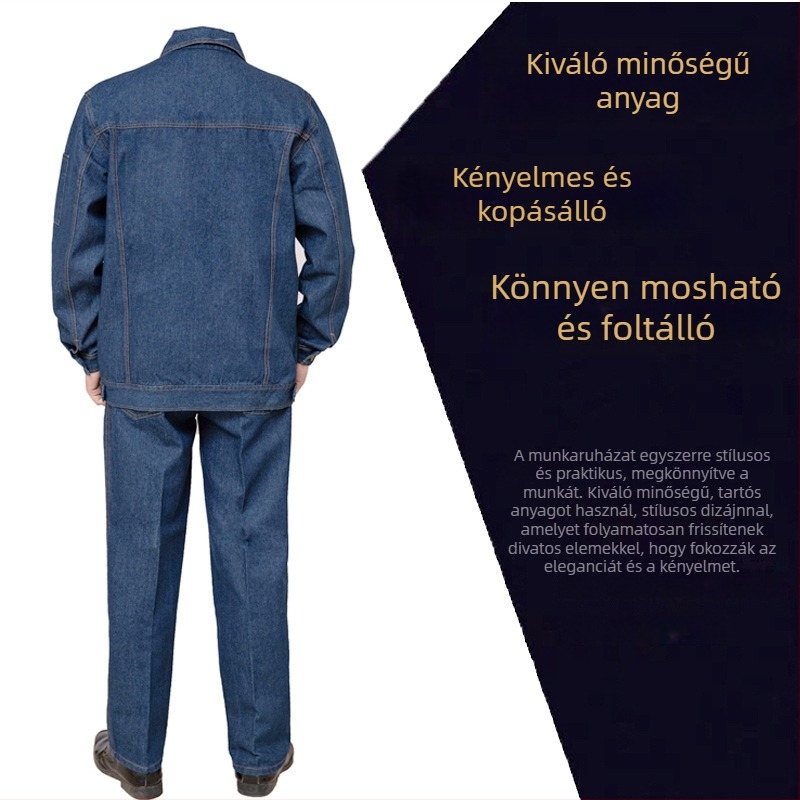 Tavaszi–őszi vastag denim munkaruházat hegesztéshez, fényvisszaverő csíkokkal, tartós és foltálló.