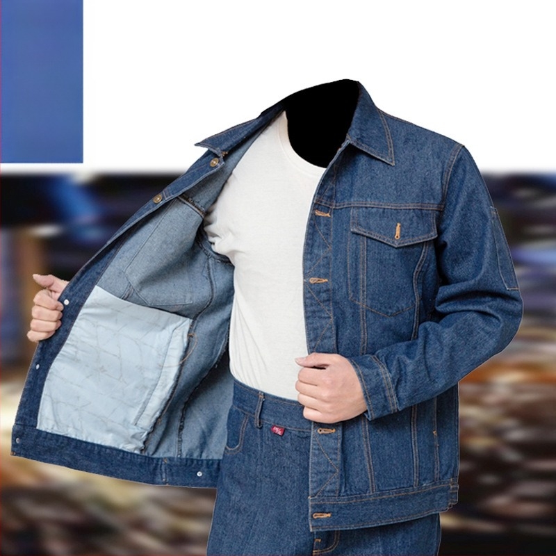 Tavaszi–őszi vastag denim munkaruházat hegesztéshez, fényvisszaverő csíkokkal, tartós és foltálló.