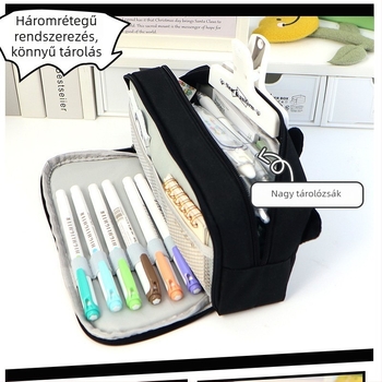 Nagy kapacitású, fekete-fehér macska mintás tolltartó, fogantyúval, általános és középiskolások számára