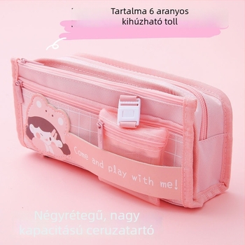 Általános iskolás diákok tolltartója, nagy kapacitású, rózsaszín, aranyos dizájnnal