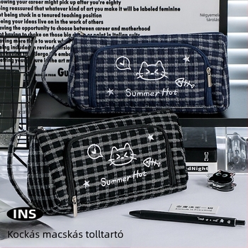 Tolltartó kockás mintával és cicás hímzéssel, nagy kapacitású, foltálló, többfunkciós, több rétegű tárolóval, általános és középiskolás tanulók számára