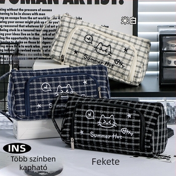 Tolltartó kockás mintával és cicás hímzéssel, nagy kapacitású, foltálló, többfunkciós, több rétegű tárolóval, általános és középiskolás tanulók számára