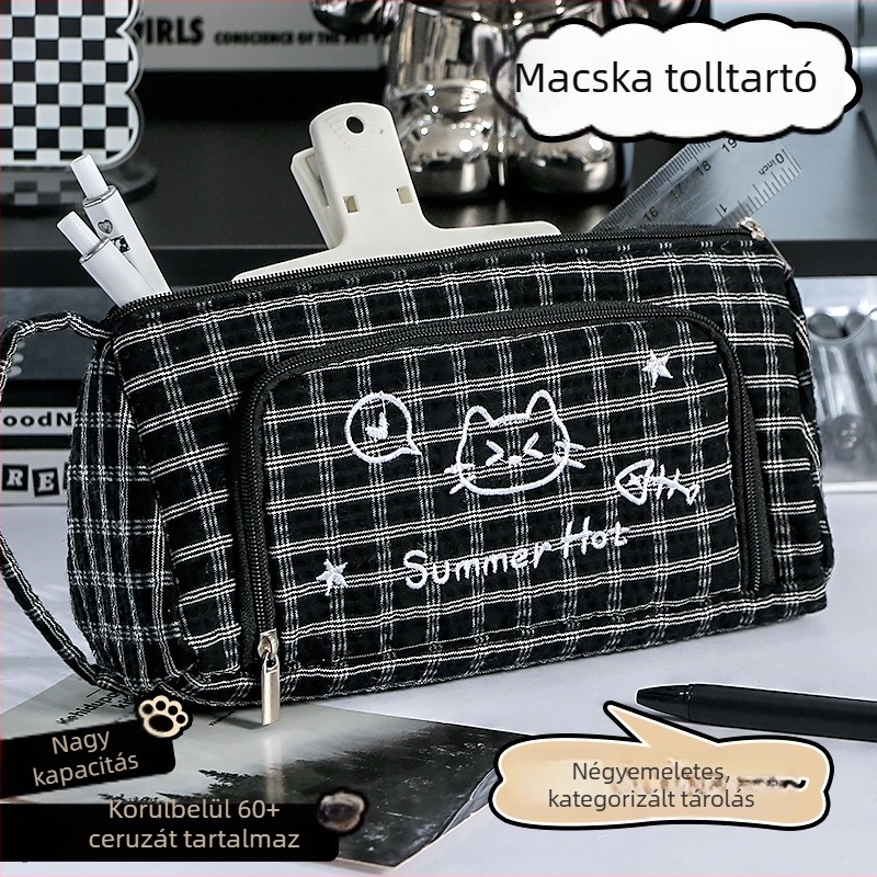 Tolltartó kockás mintával és cicás hímzéssel, nagy kapacitású, foltálló, többfunkciós, több rétegű tárolóval, általános és középiskolás tanulók számára