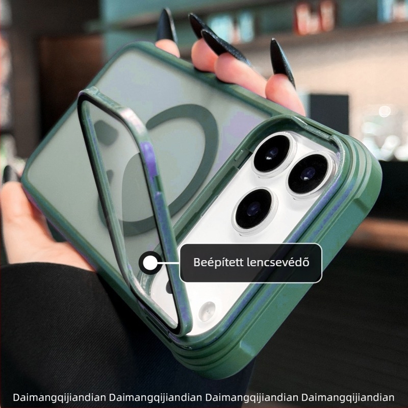 Universális iPhone tok teljes körű kamera védelmével, rejtett állvánnyal és mágneses töltéssel (TPU+PC)