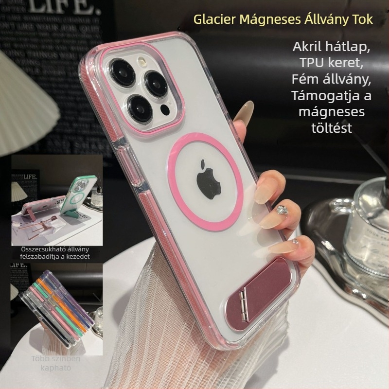 Jégkristály átlátszó iPhone tok állvánnyal és mágneses töltéssel, teljes védelem, TPU+PC
