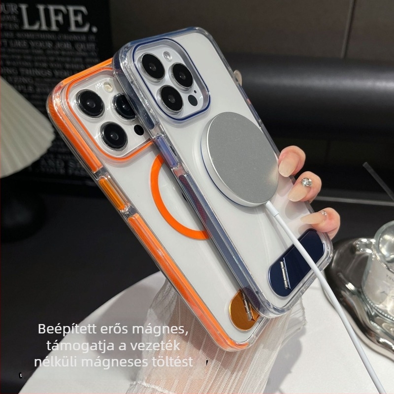 Jégkristály átlátszó iPhone tok állvánnyal és mágneses töltéssel, teljes védelem, TPU+PC
