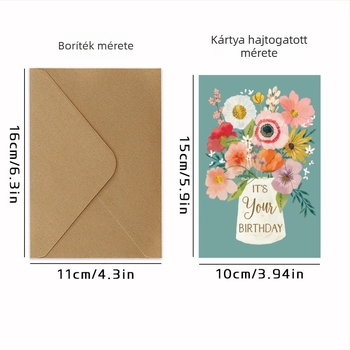 Születésnapi üdvözlőlap borítékkal, makaron-stílusban, kézzel írt áldásokkal és torta témájú üzenetkártyával