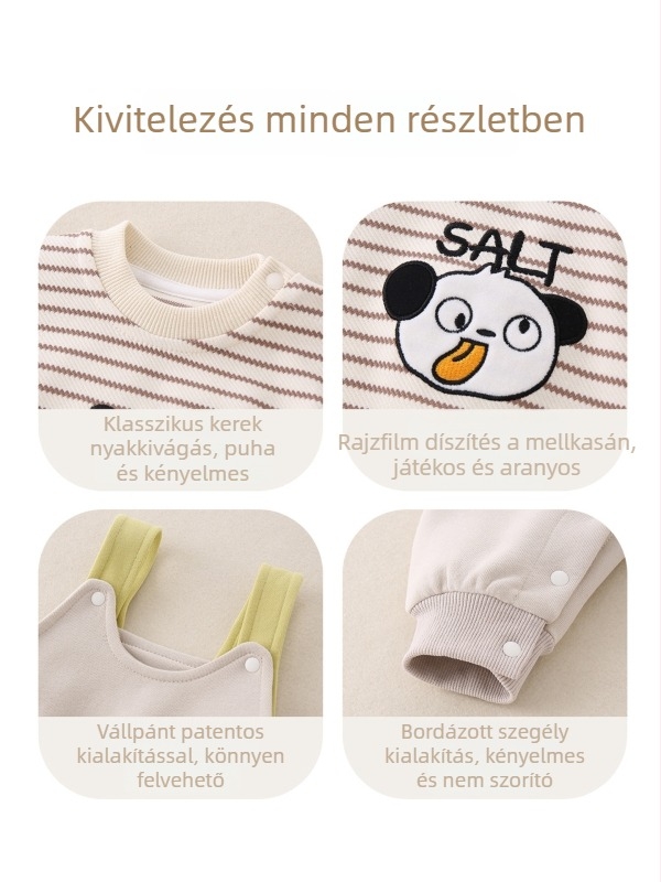 Két részes tavaszi ruházat babáknak: csíkos karikatúrás overál pántokkal fiúknak, 3–8 évesek