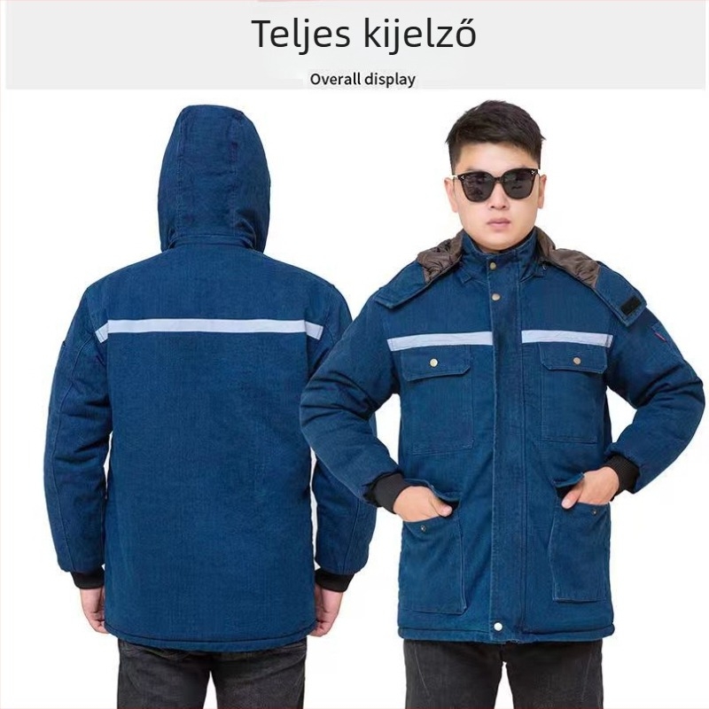 Téli denim munkaruha dzseki hegesztővédelmi réteggel, pamut béléses, vastag és meleg
