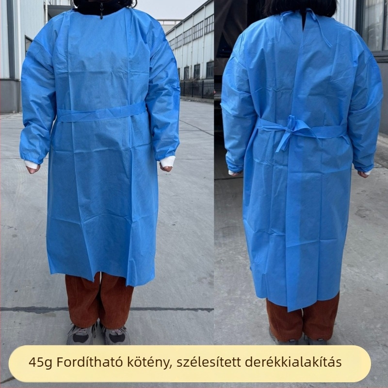 Egyszer használatos SMS izolációs köntös széles derékszíjjal, 105 g+ SMS nemszőtt anyagból, védőruha munka céljára, méret 120 x 140 cm