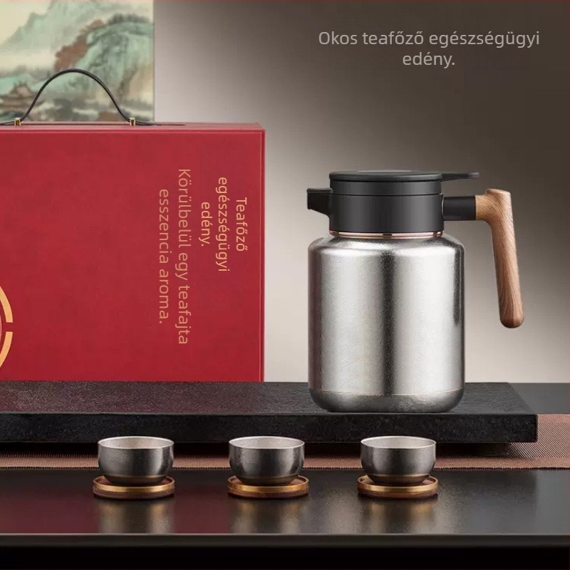 Nagy kapacitású tiszta titánium teáskanna vastag szigeteléssel és tea-víz elválasztással, ajándék készlet egy teáskannával és három csészével